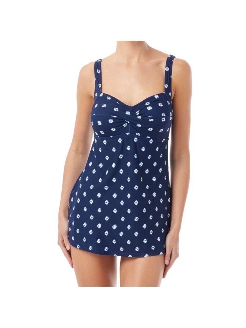 GABAR Twist Bra One Piece Swimdress Blue White Polkadot Chlorine Resistant Sz 8